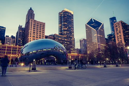 The Bean, officially named Cloud Gate, in Millennium Park in downtown Chicago, Illinois