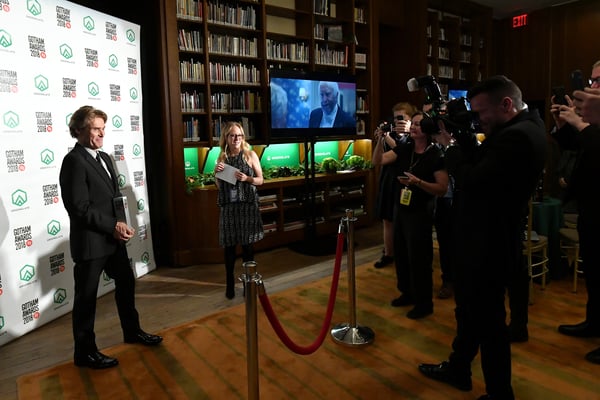 Willem Dafoe with his Gotham Tribute in the GreenSlate Greenroom during the 28th Annual Gotham Awards at Cipriani, Wall Street on November 26, 2018 in New York City.