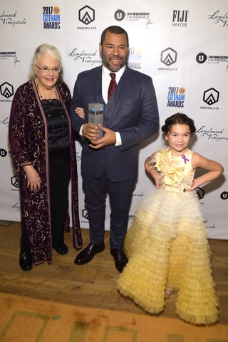 Actor Lois Smith (Marjorie Prime), Director Jordan Peele (Get Out), and Actor Brooklynn Prince (The Florida Project) in the GreenSlate Greenroom at the 2017 Gotham Awards in New York City