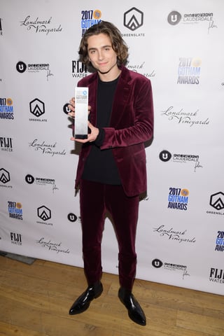 Actor Timothée Chalamet with his Breakthrough Actor Award for his performance in Call Me by Your Name in the GreenSlate Greenroom at the 2017 Gotham Awards in New York City
