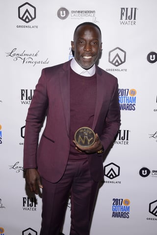 Michael K. Williams with his Made in New York Appreciation Award in the GreenSlate Greenroom at the 2017 Gotham Awards in New York City