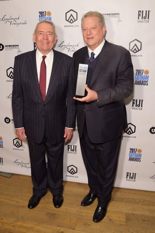 Journalist Dan Rather and Former Vice President Al Gore with Gore's Gotham Tribute Award in the GreenSlate Greenroom at the 2017 Gotham Awards in New York City