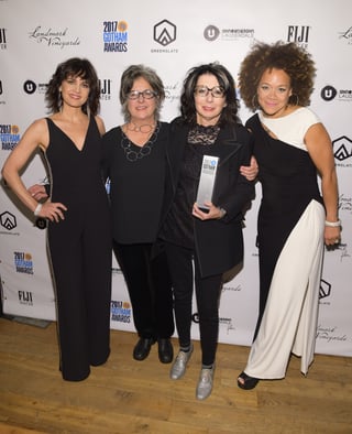 Carla Gugino (L), Nancy Andrews (2nd R), and Michole Briana White (R) backstage in the GreenSlate Greenroom at the 2017 Gotham Awards with the Breakthrough Series - Short Form Award for Andrews' The Strange Eyes of Dr. Myes
