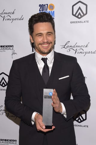 Actor James Franco with his Best Actor Award for his performance in The Disaster Artist in the GreenSlate Greenroom at the 2017 Gotham Awards in New York City