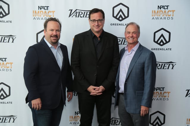 Producer Brent Montgomery (recipient of the 2018 Inspiration Award for Outstanding Achievement in Nonfiction), Host Bob Saget, and NPACT's John Ford.