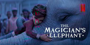 Animated image of a boy hugging an elephant with a red N and the words The Magician’s Elephant in the corner.