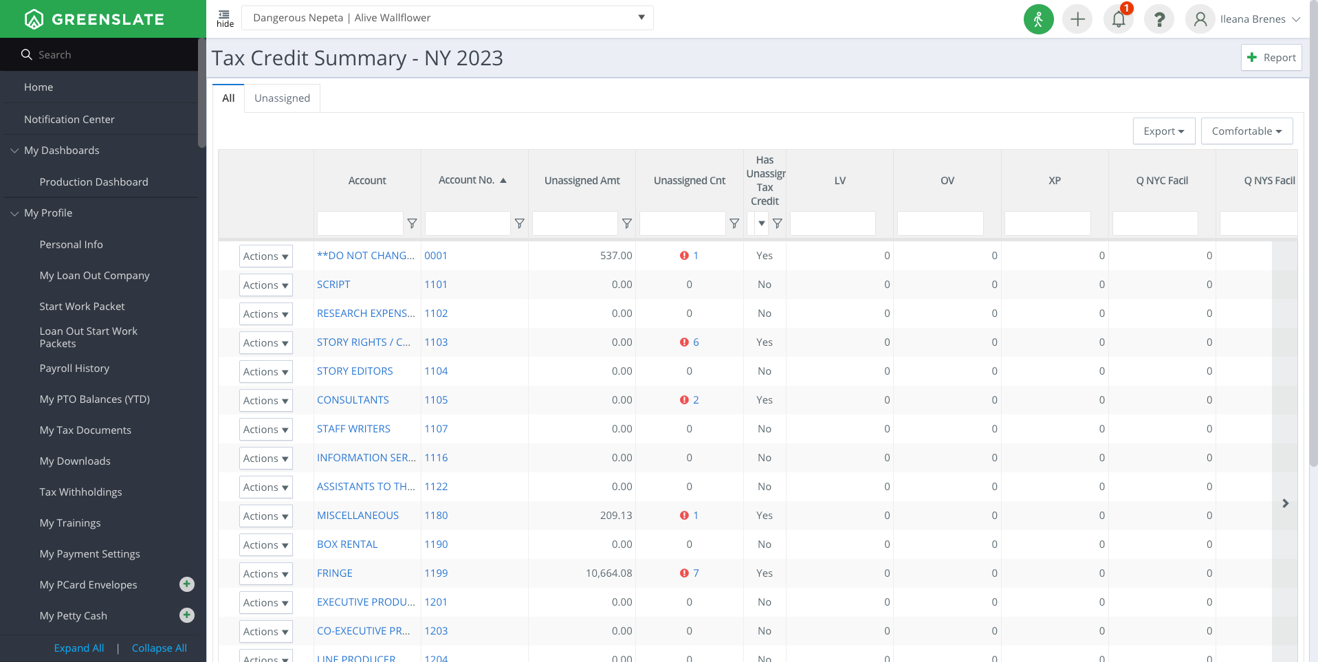 Screenshot of GreenSlate's Tax Credit Summary dashboard for NY 2023, showing a table of accounts with columns for Unassigned Amount, Unassigned Lines, and tax credit eligibility flags. Several rows display red indicators highlighting uncoded transactions that need attention.