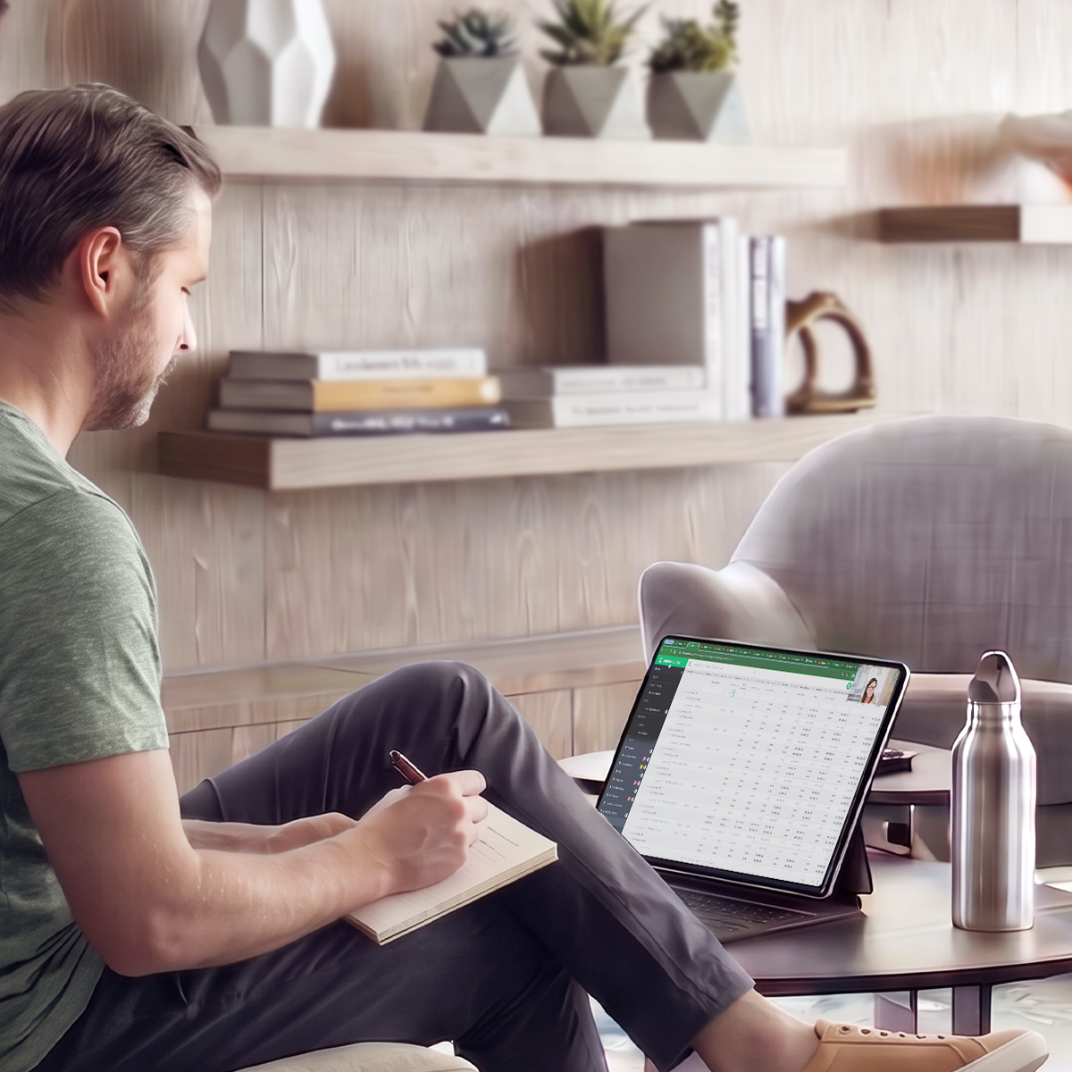 "A person sits in a chair writing in a notebook while watching a virtual training session with spreadsheet data on a tablet propped on a coffee table, with a water bottle nearby and a styled bookshelf in the background."