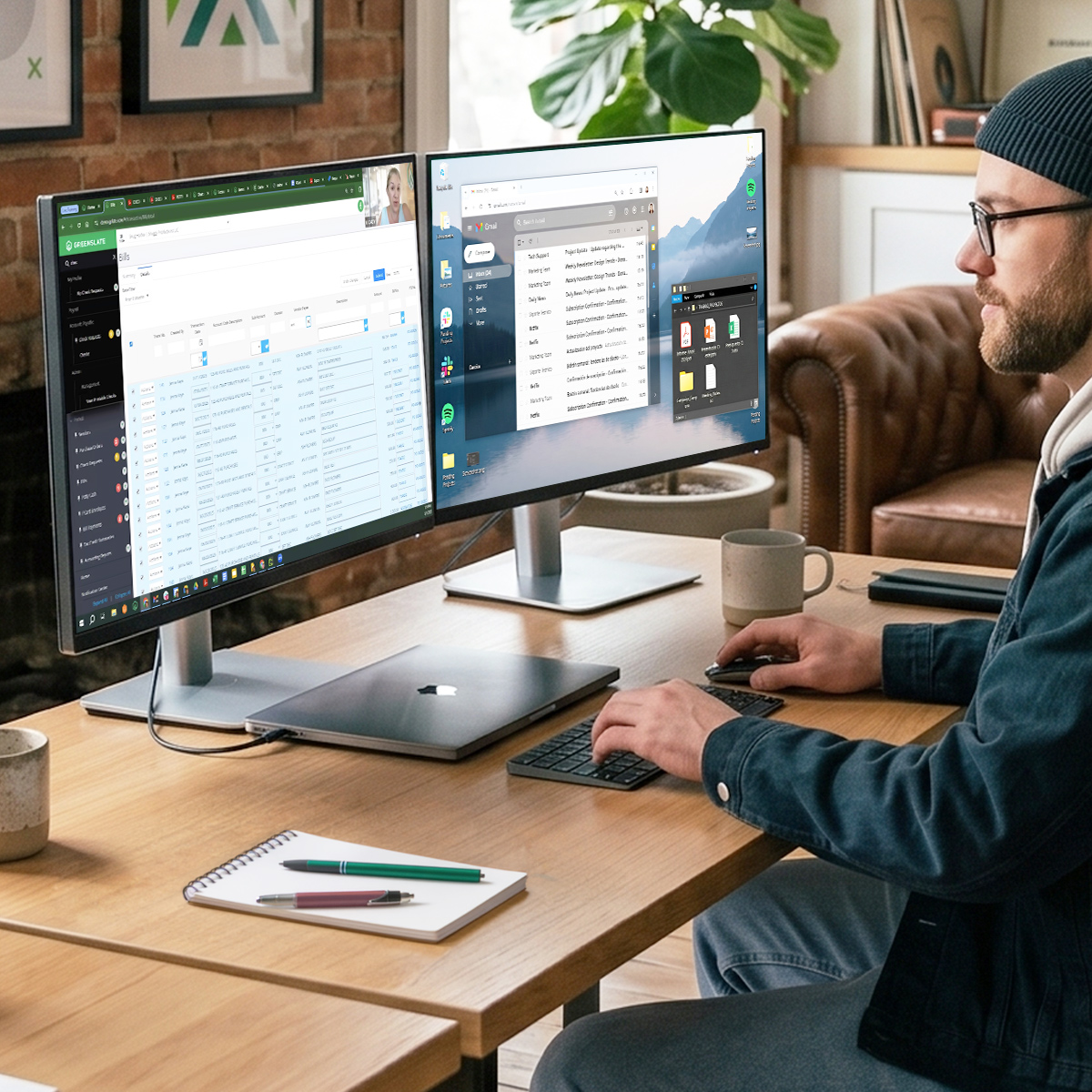 "A man wearing a beanie and glasses works at a desk with dual monitors displaying the GreenSlate platform and an email inbox, with a laptop, notebook, and coffee mug nearby in a cozy home office setting."